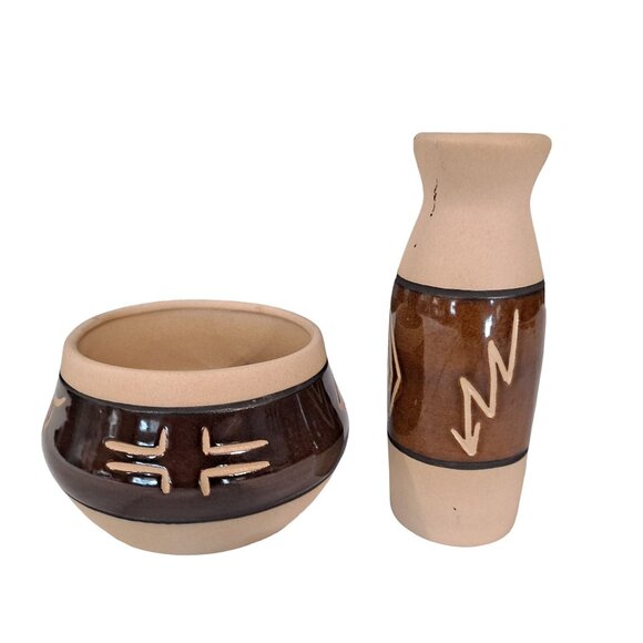 Vintage Saguaro Stoneware Studio Art Pottery Vase And Bowl Native American AZ - Picture 3 of 10